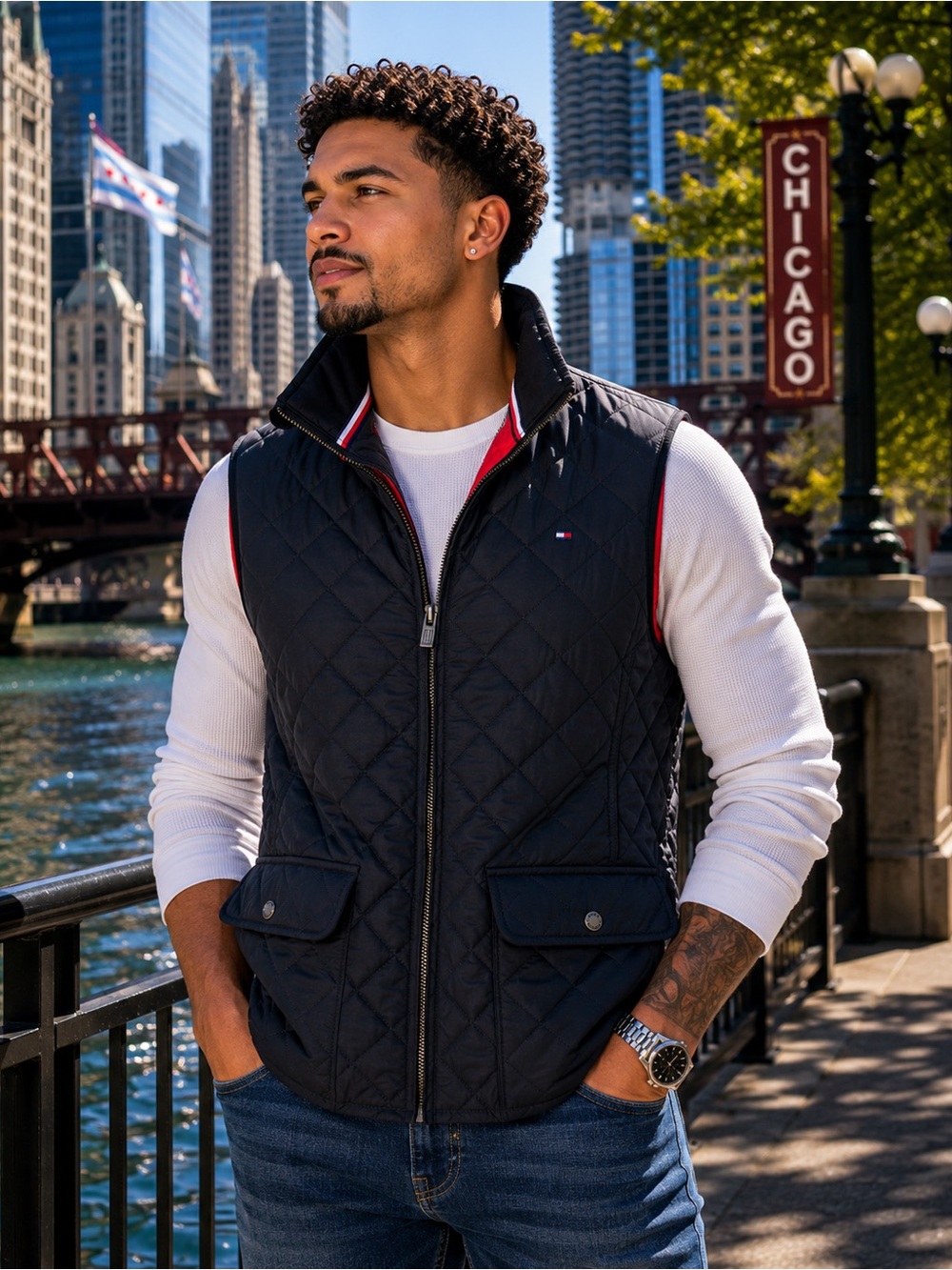 Tommy Hilfiger Quilted Black Vest with Red Trim